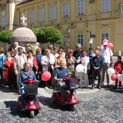 People with MS, some in wheelchairs, in a square in Budapest, Hungary