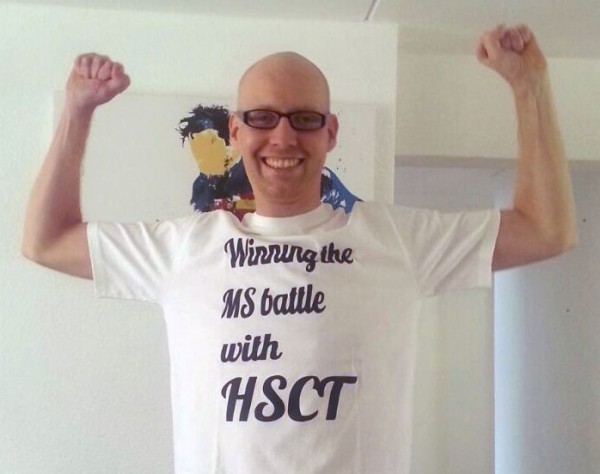 Bernard Cronje from South Africa, wearing a T shirt with the caption 'Winning the MS battle with HSCT'
