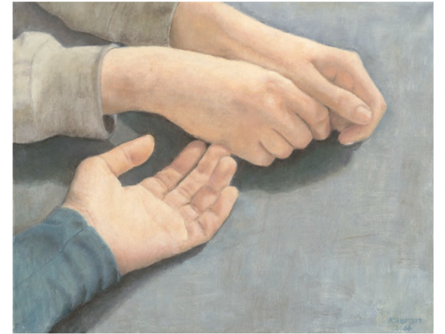 Painting featuring the hands of two individuals brushing together