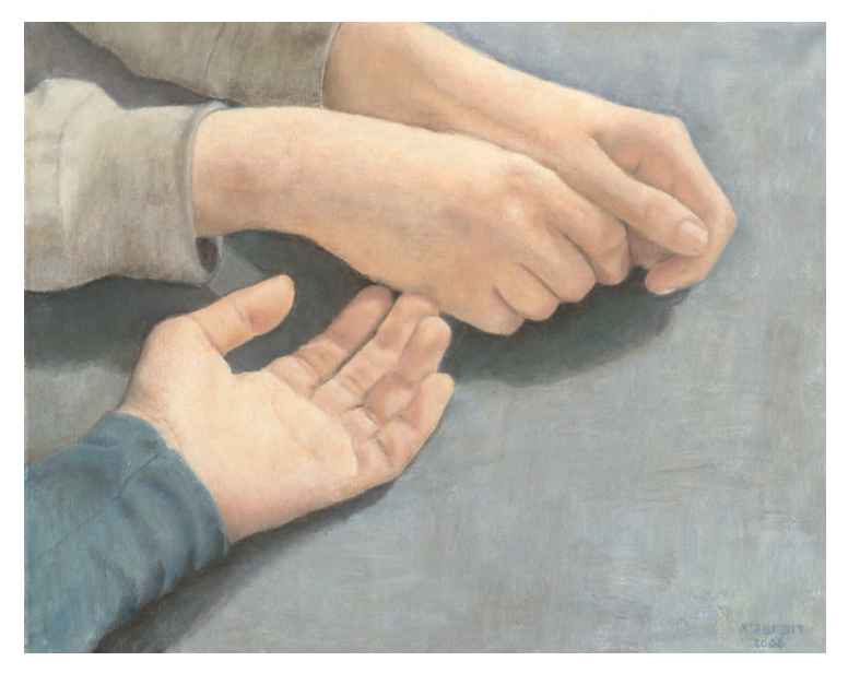 Painting featuring the hands of two individuals brushing together