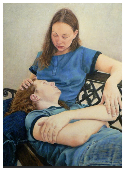Man and woman on a bench. Women cradles the mans head and the couple look into each others eyes.