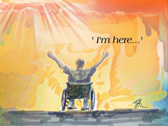 Figure in wheel chair arms wide looking towards a sunset