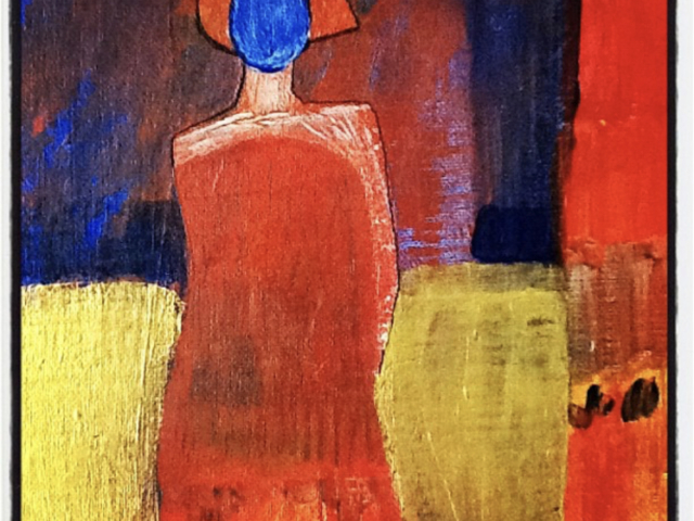 A red yellow and blue painting of the figure of a faceless woman