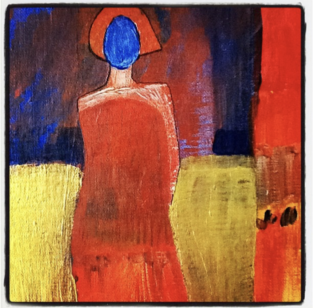 A red yellow and blue painting of the figure of a faceless woman