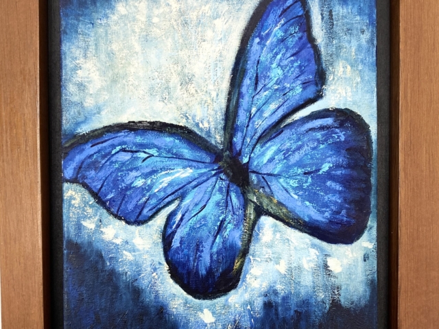 Oil painting of a blue butterfly