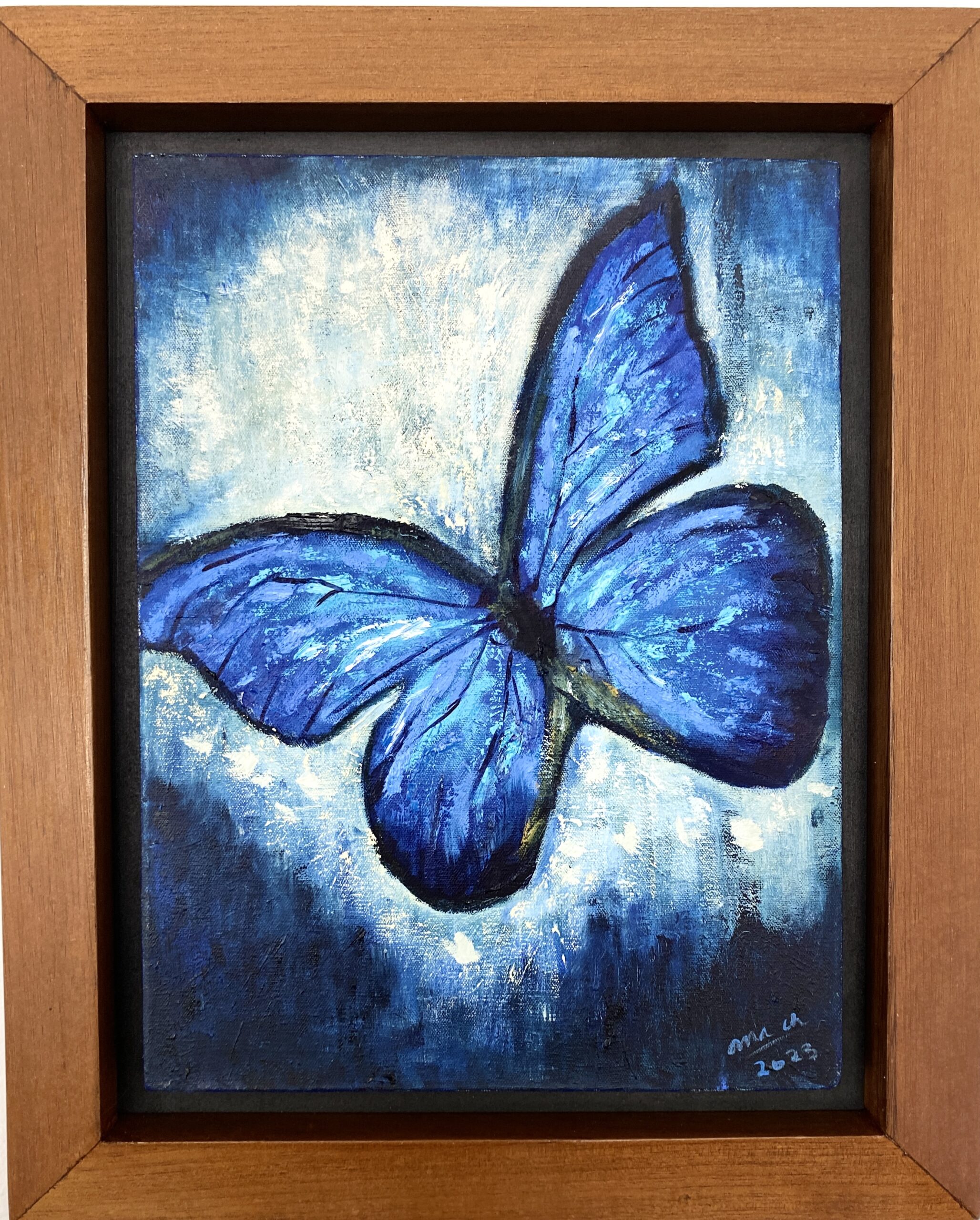 Oil painting of a blue butterfly