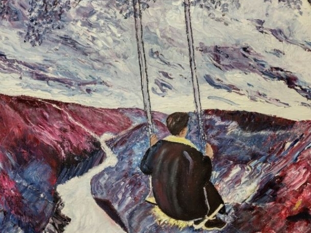 Oil painting of a person on a swing
