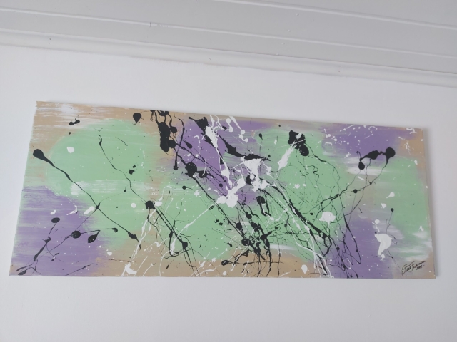 Abstract painting  with purple and freen background and monochrome paint splatter.