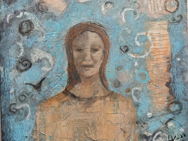 Portrait of woman beige and blue colours mixed media